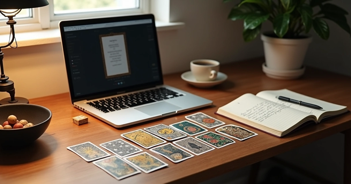 Professional card reading setup with cards, computer, and journal on a desk 