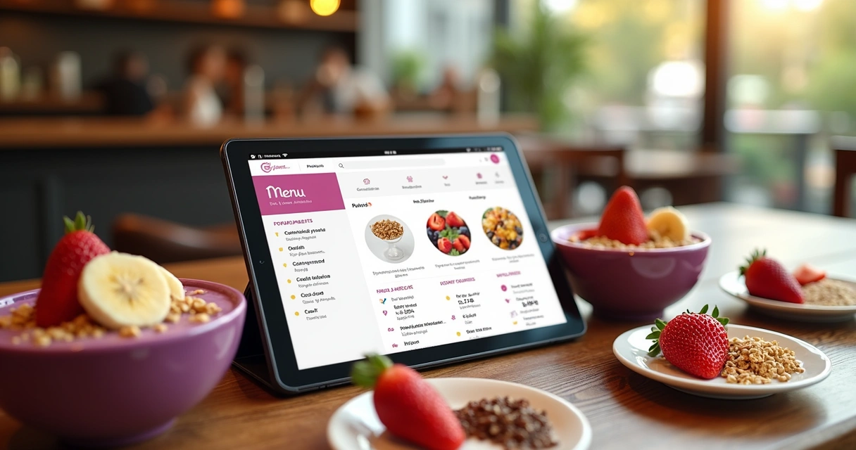 Cardápio digital de açaí aberto em um tablet sobre mesa de madeira com potes de açaí e frutas frescas ao redor 