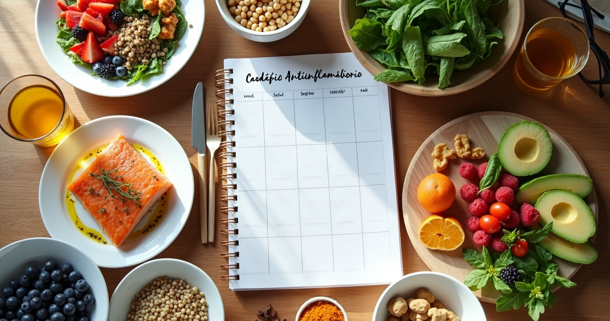Mesa com alimentos antinflamatórios organizados em cardápio saudável 