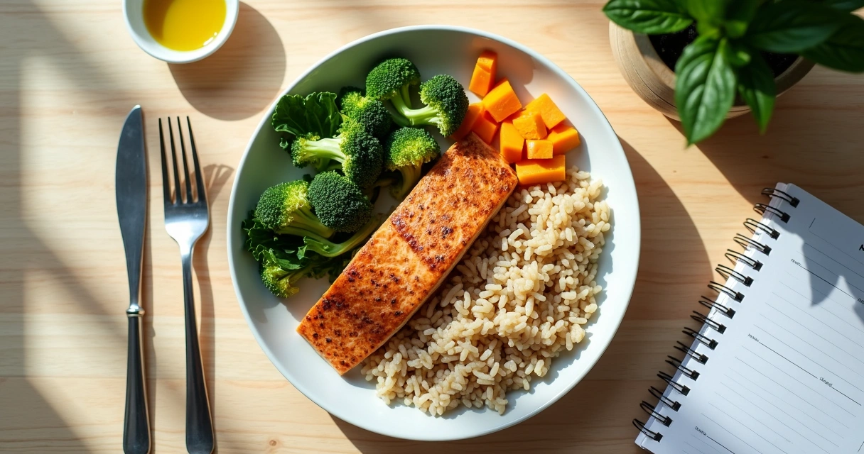 Prato equilibrado com legumes, peixe e arroz integral em mesa clara 