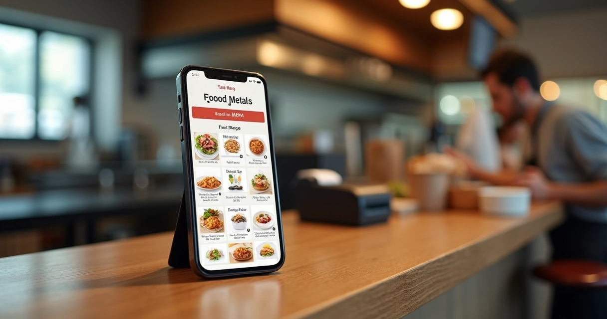 Cardápio digital aberto no celular sobre balcão de cozinha 