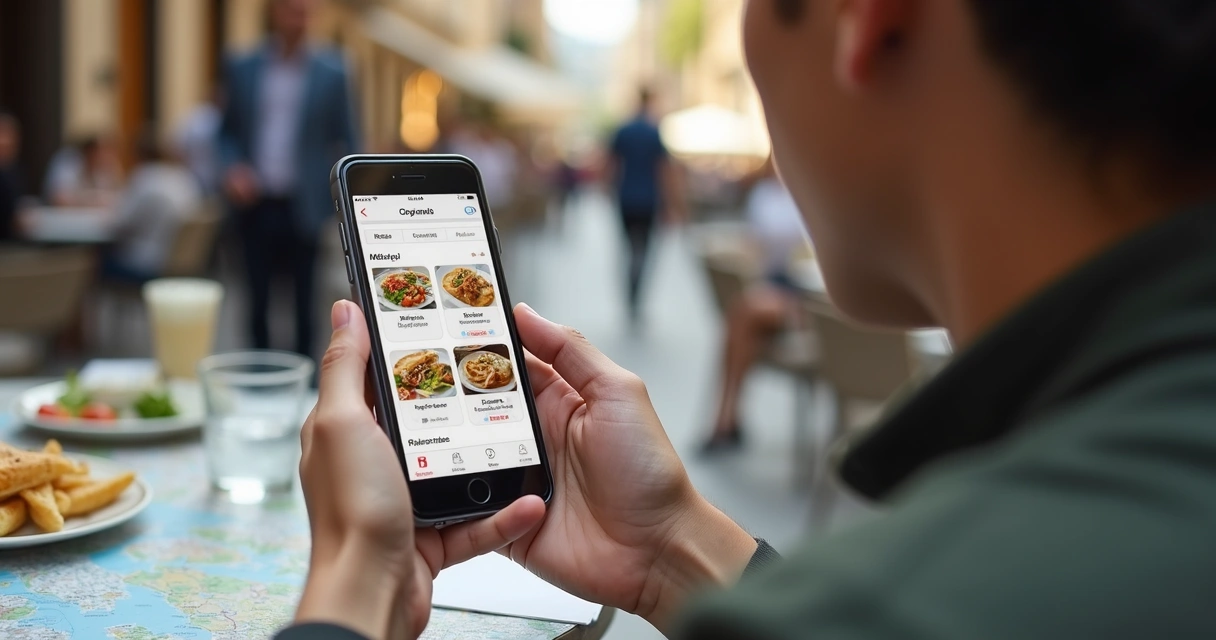 Turista vendo cardápio digital no celular em restaurante