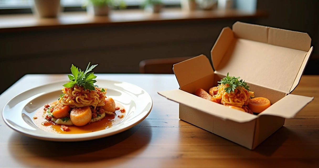 Prato embalado para entrega em uma caixa, mostrando diferença do cardápio do salão 