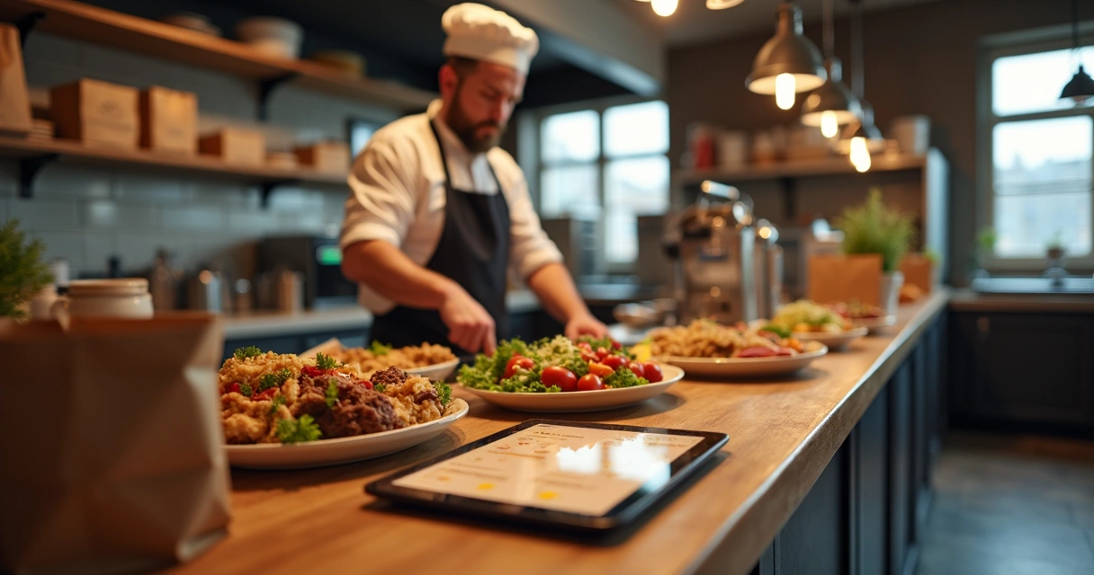Cardápio digital em tablet mostrando pratos otimizados para entrega 