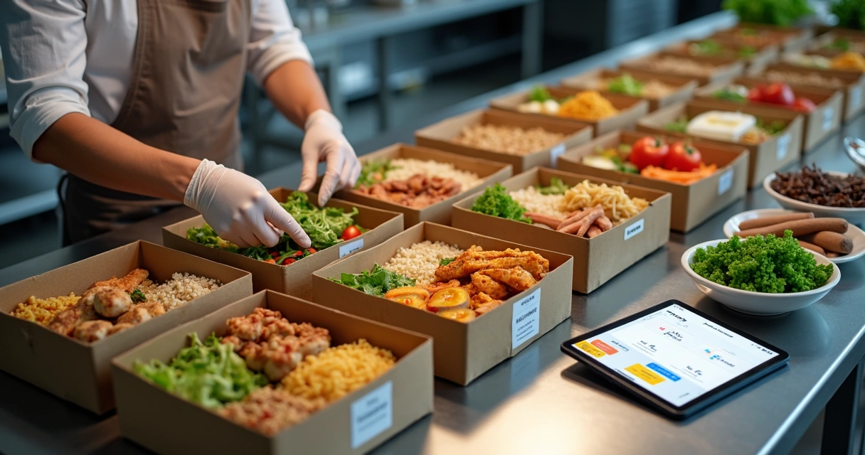 Cozinheiro montando bandejas de delivery com opções para diferentes dietas lado a lado 