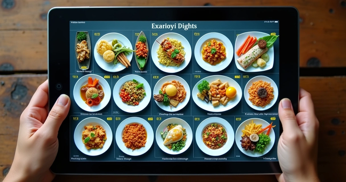 Cardápio digital de restaurante com pratos iluminados e organizados 