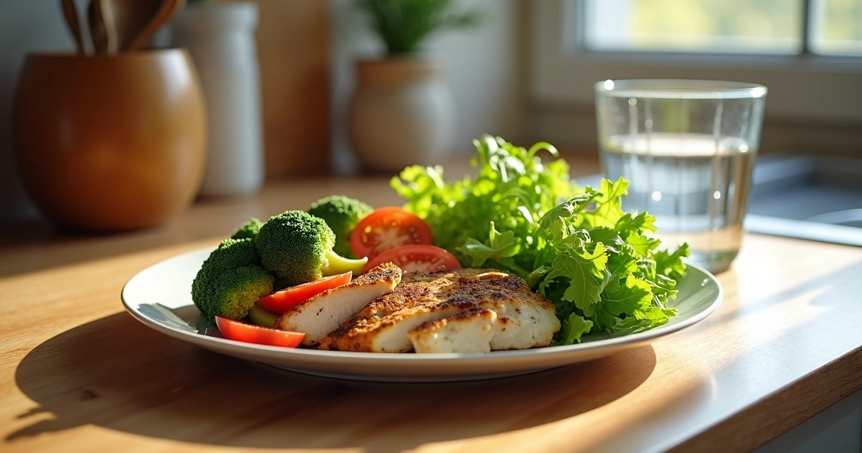 Prato com peito de frango grelhado, brócolis e salada em ambiente caseiro 