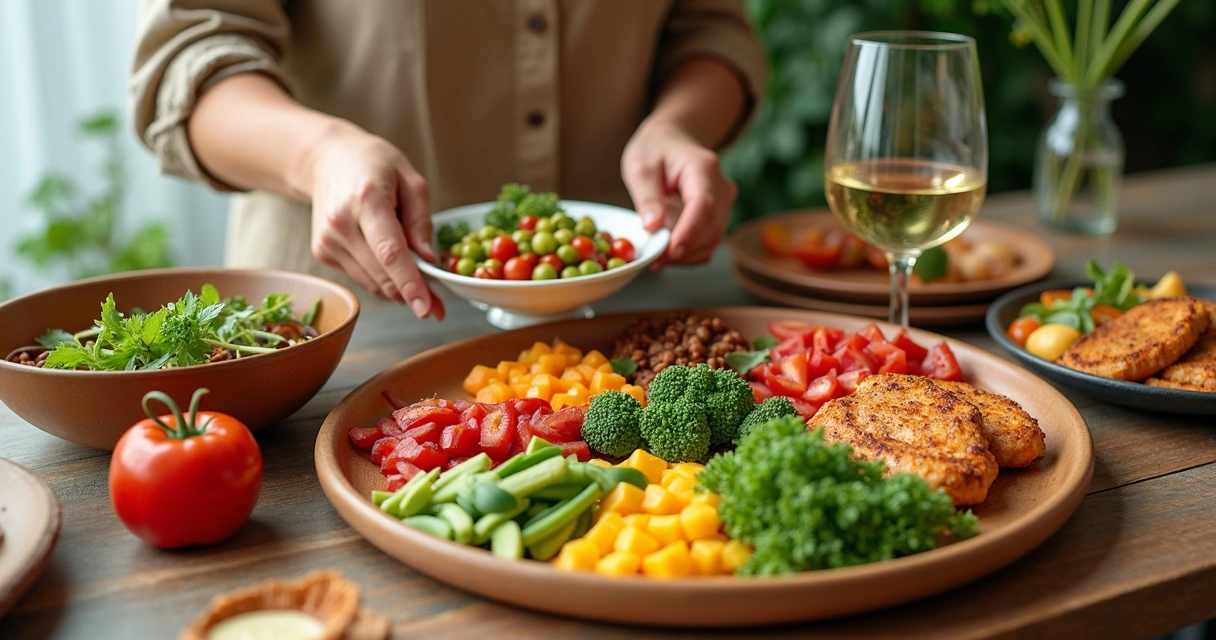 Diversos potes de vidro com alimentos saudáveis variados, dispostos em uma mesa de madeira