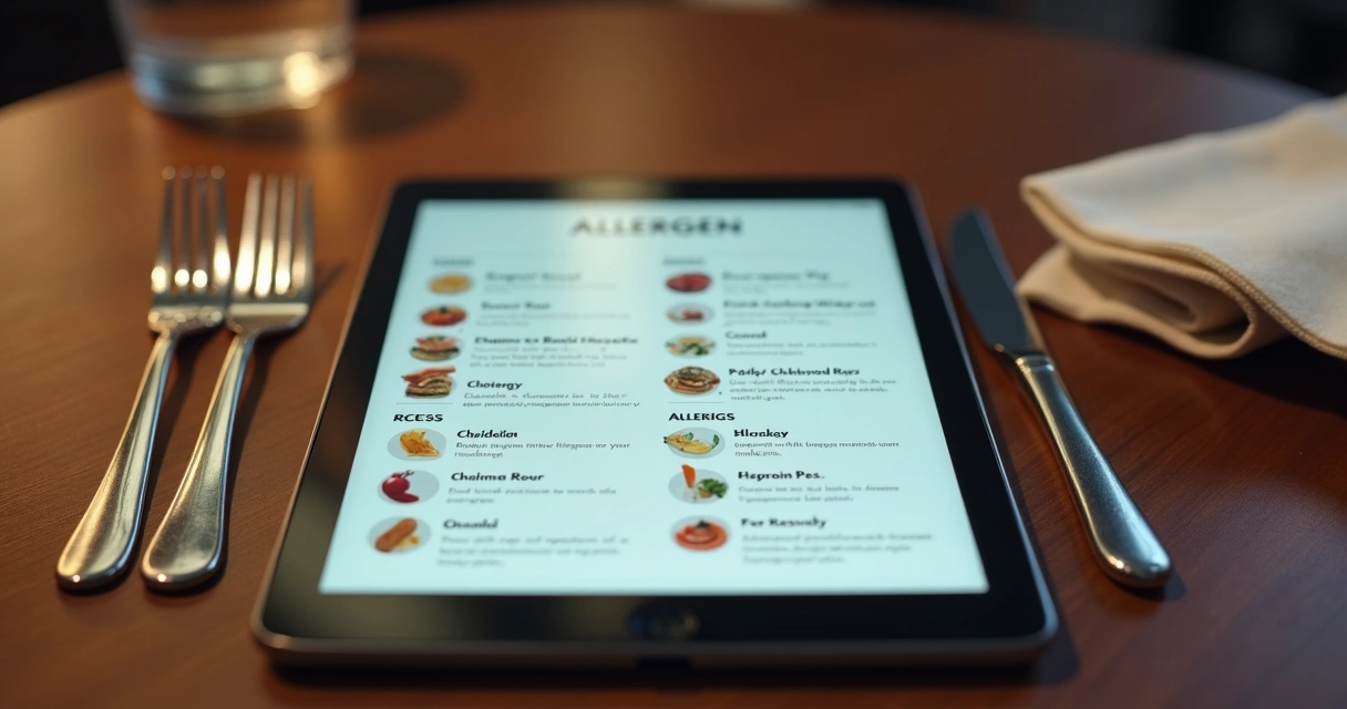 Cardápio digital em tablet mostrando informações de alérgenos