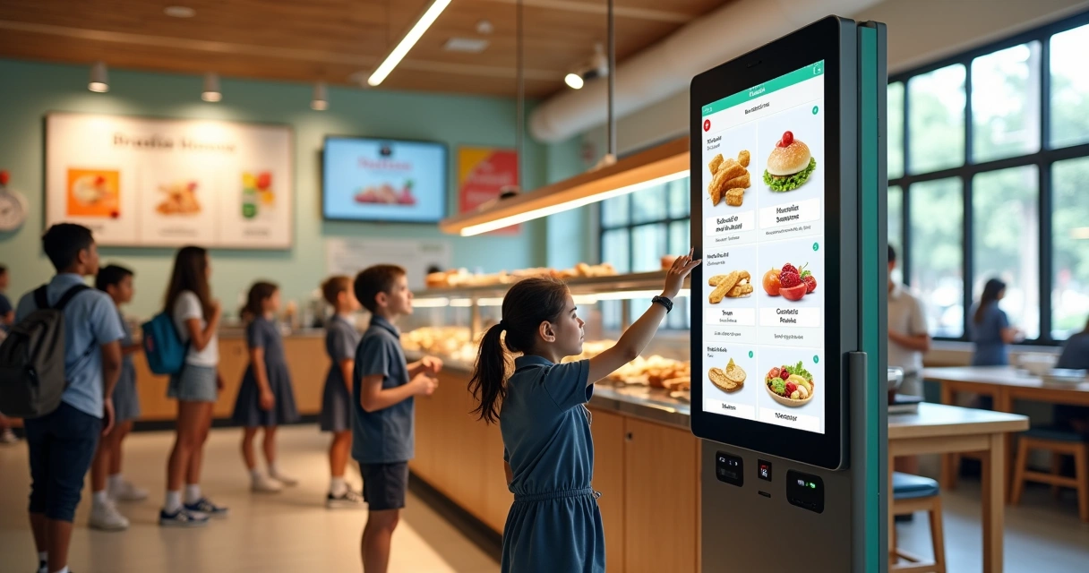Alunos escolhendo lanche em cardápio digital na cantina escolar moderna 