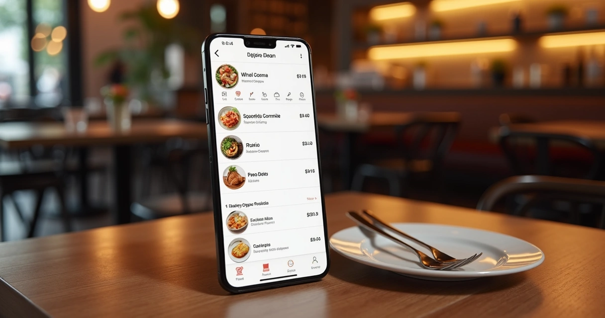 Cardápio digital em celular sobre mesa de restaurante