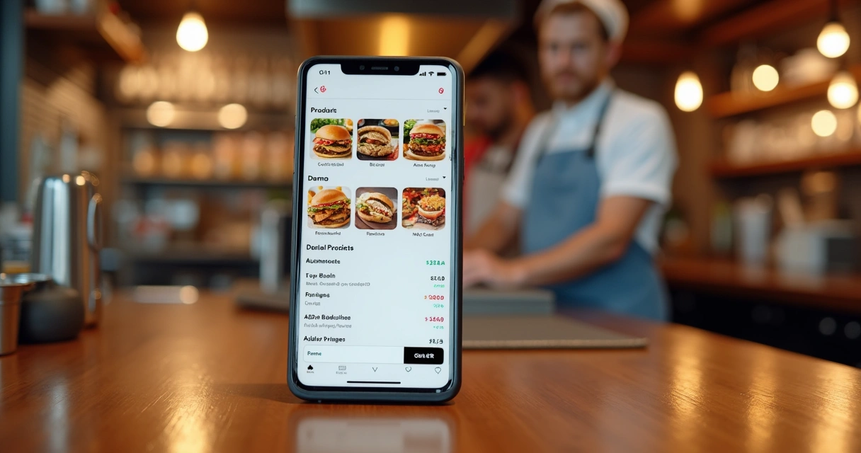 Cardápio digital em celular sobre balcão de restaurante 