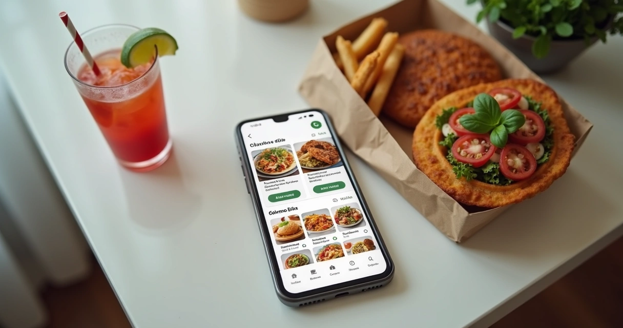 Cardápio digital de delivery em celular sobre mesa