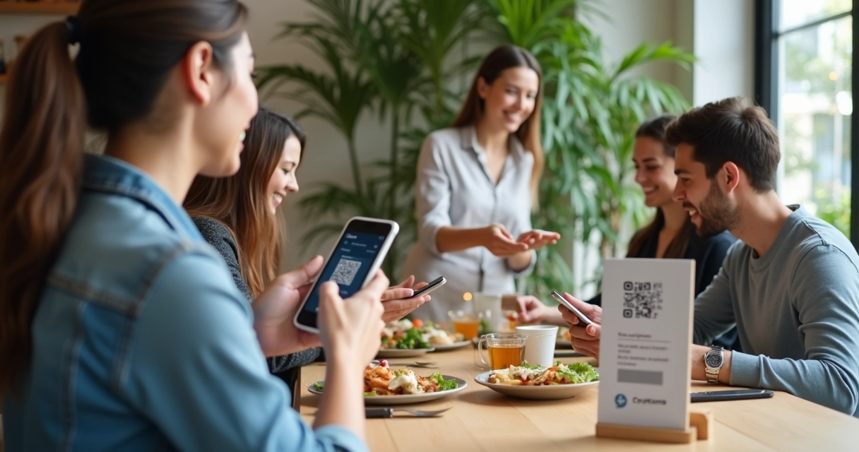 Clientes em restaurante usando cardápio digital em smartphones 