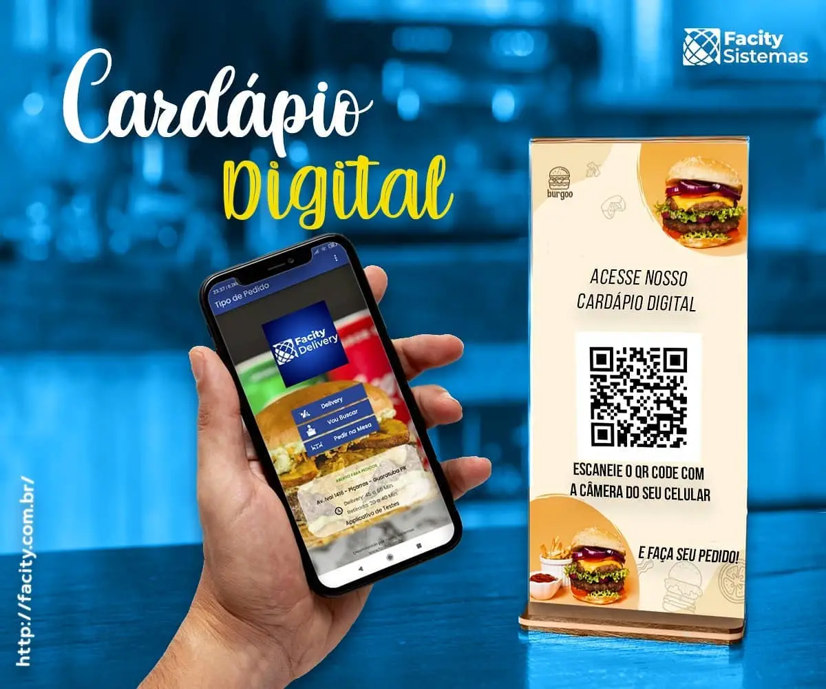 Pessoa segurando smartphone com o aplicativo Facity Delivery aberto e um cardápio digital com QR Code para pedidos