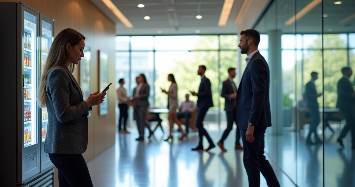Colaborador escolhe opções de cardápio digital em ambiente corporativo 