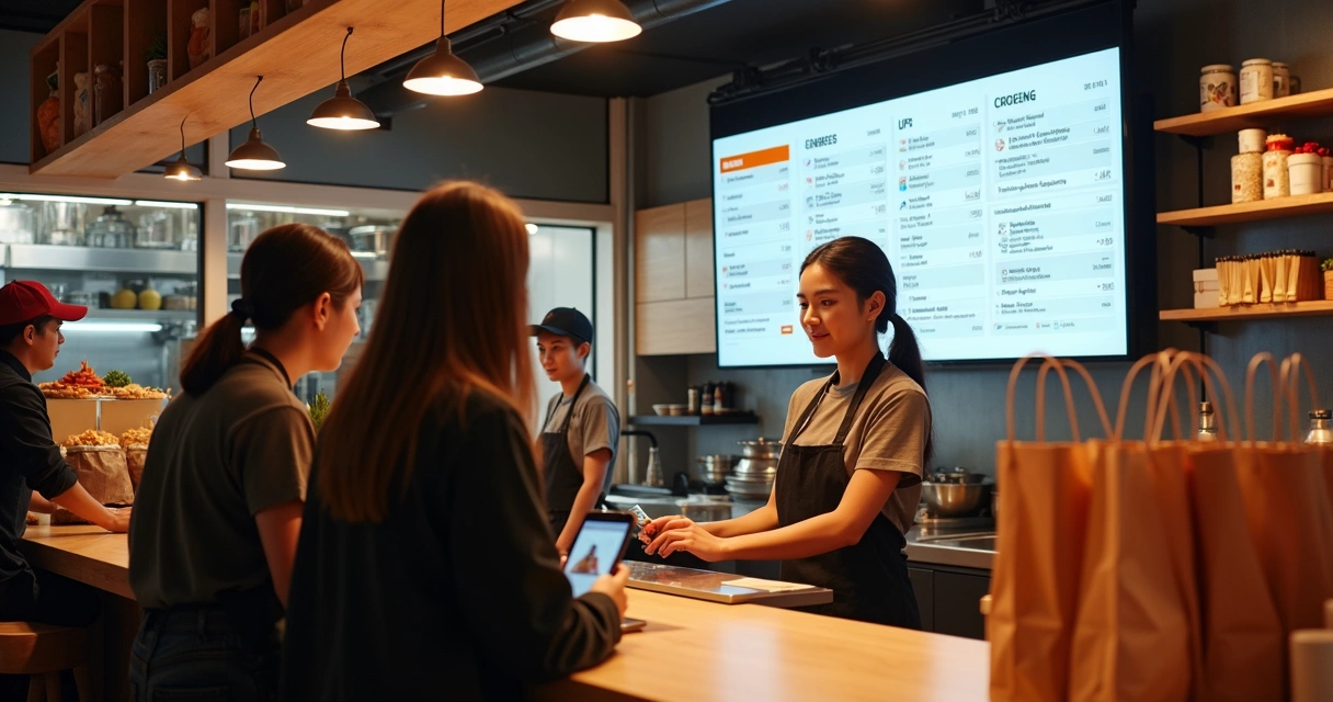 Tela com cardápio digital para pedidos delivery em restaurante moderno 