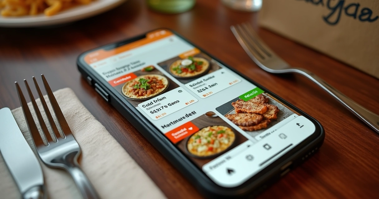 Cardápio digital de delivery com fotos de pratos no celular 