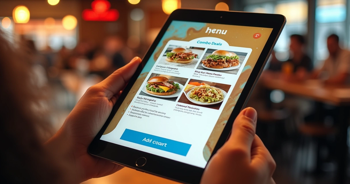 Cardápio digital otimizado com fotos e destaques de pratos em um tablet 