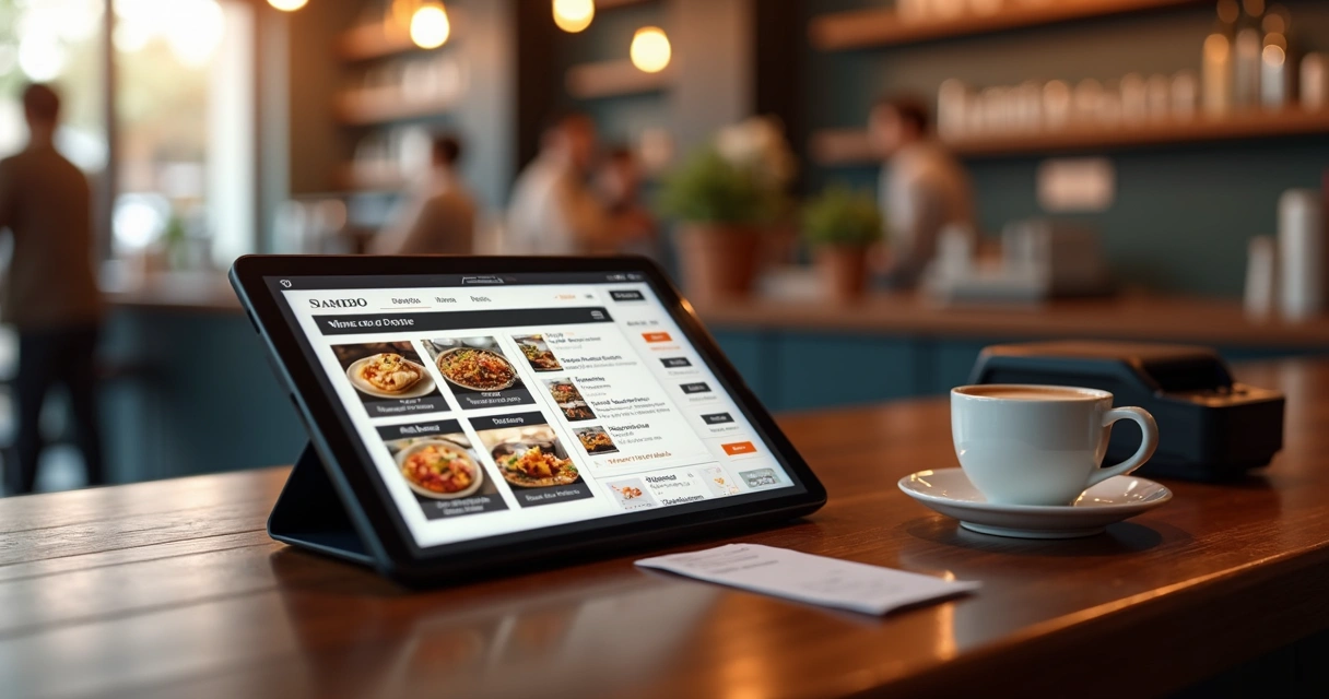 Cardápio digital de restaurante exibido em tablet sobre balcão 