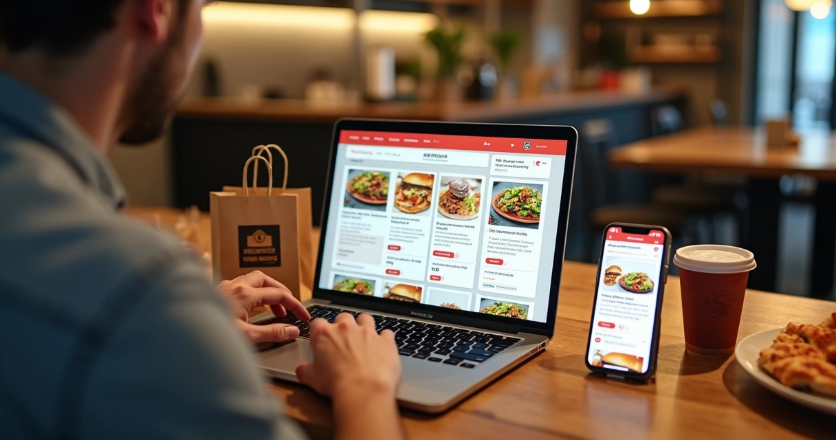 Dono de restaurante montando cardápio digital de delivery em notebook sobre mesa com comida 