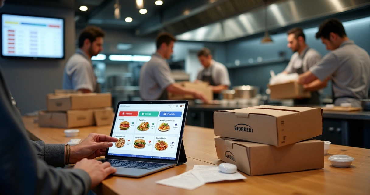 Dono de restaurante configurando cardápio digital de delivery em tablet sobre balcão de cozinha profissional 
