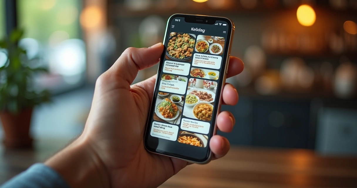 Cardápio digital desorganizado em tela de celular 