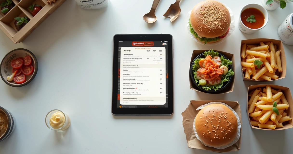 Pratos de restaurante delivery organizados lado a lado em embalagens padronizadas, cada um identificado pelo nome na etiqueta digital, em um ambiente limpo e moderno