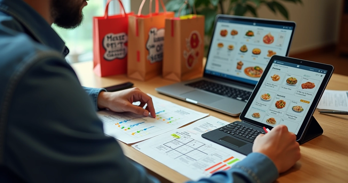 Gestor de restaurante ajustando cardápio digital de delivery em tablet com pratos e gráficos de desempenho 