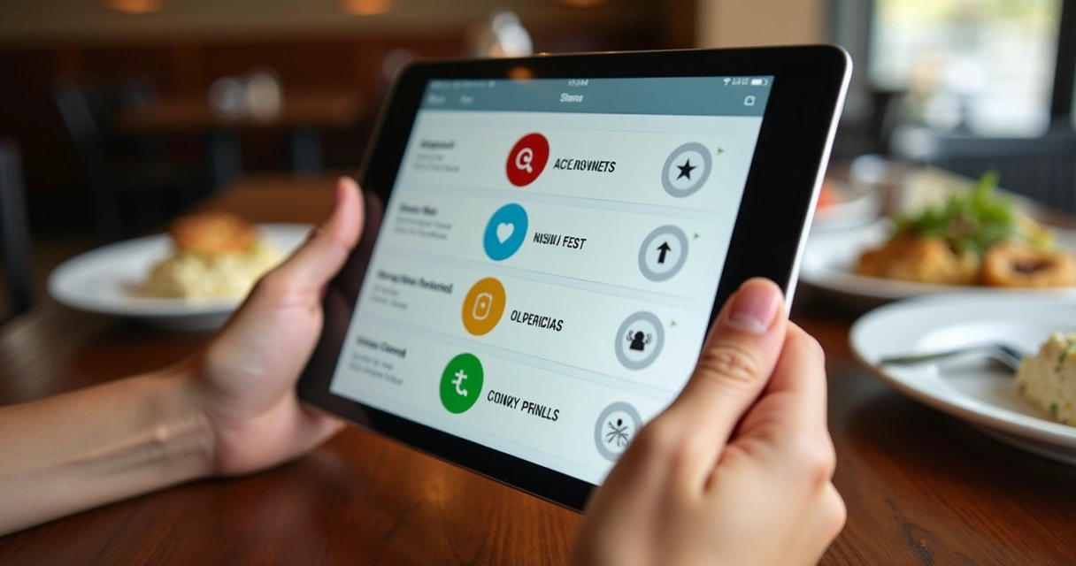 Pessoa usando menu digital com ícones inclusivos em restaurante 
