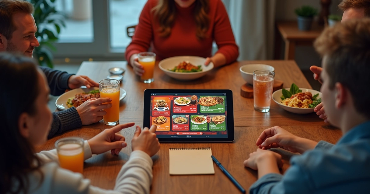 Família escolhendo pedidos em cardápio digital interativo sobre a mesa 