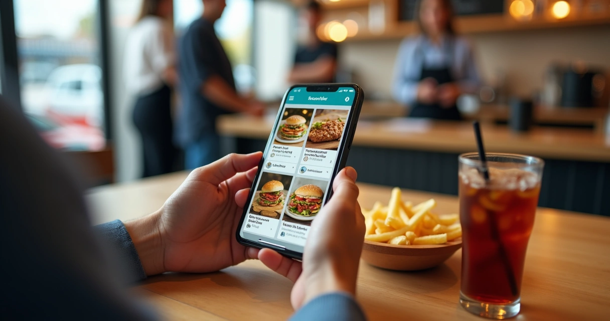 Cliente usando cardápio digital no celular em lanchonete 