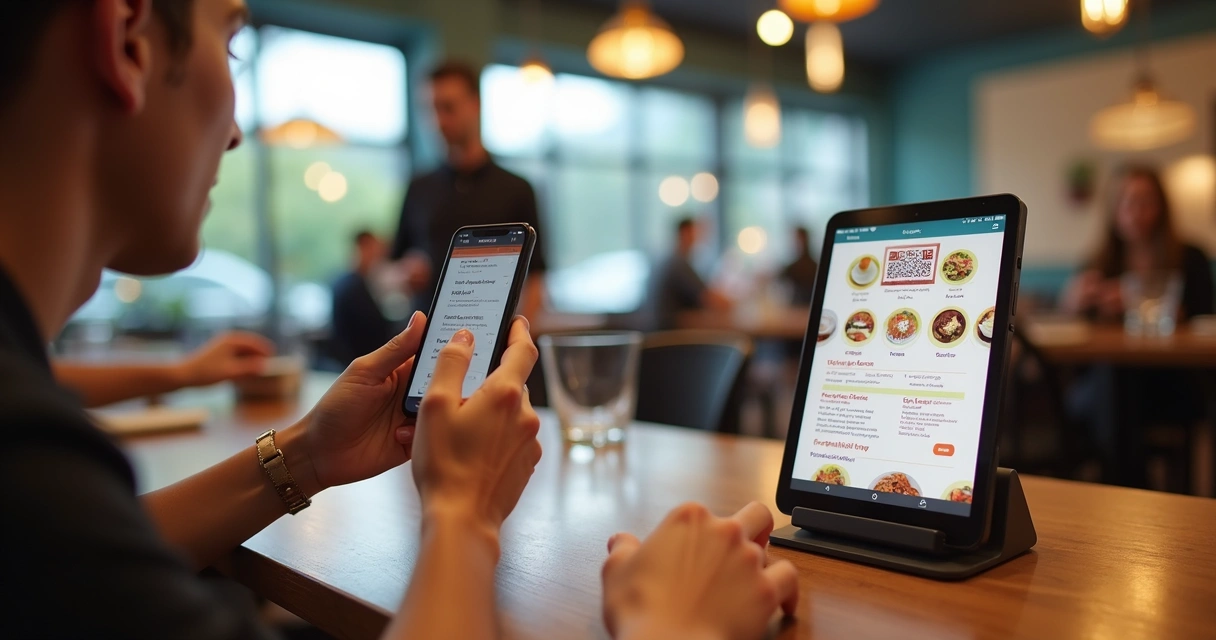 Cardápio digital sendo acessado via QR Code em mesa de restaurante. 