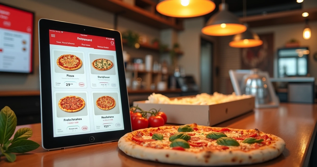 Cardápio digital de pizzaria em tablet com pizzas e painel de pedidos 