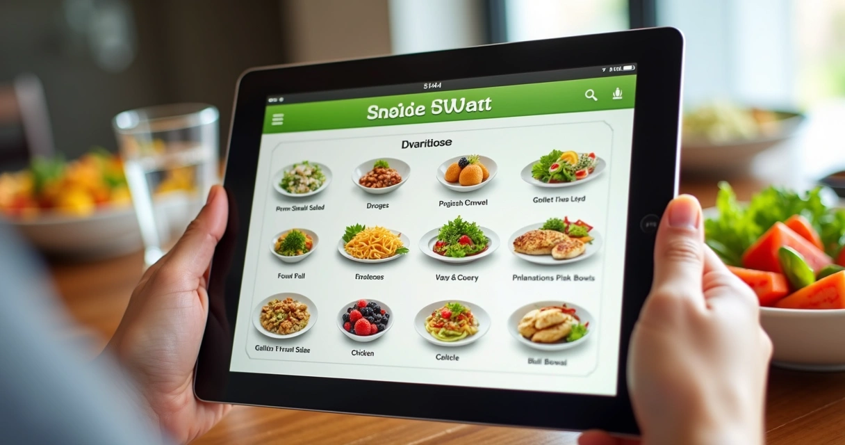 Cardápio digital de restaurante com opções de refeições saudáveis em destaque 