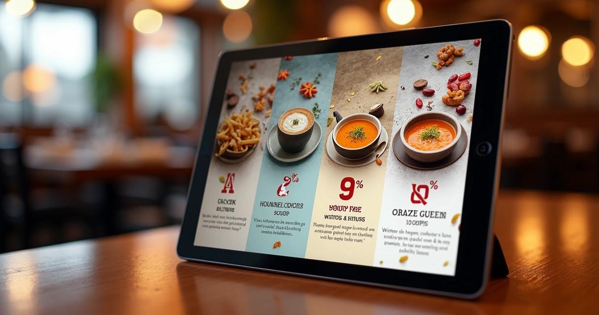 Cardápio digital com promoções de inverno em uma tela de tablet