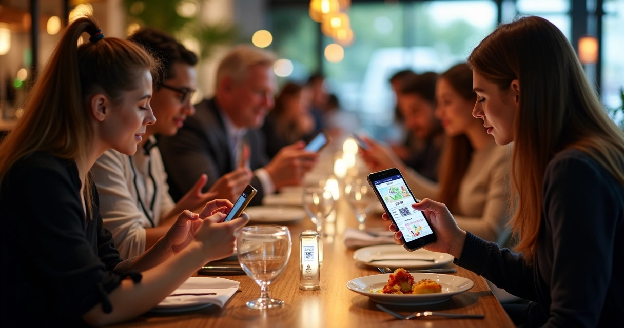 Restaurante moderno, mesas com displays de QR Code e clientes fazendo pedidos por celular 
