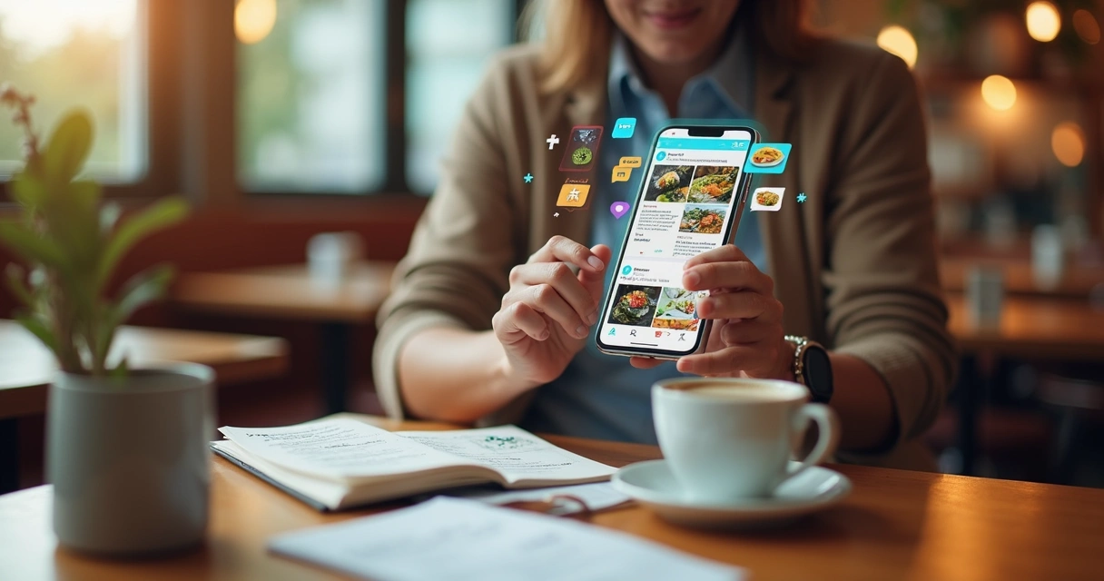 Empreendedor mostra cardápio digital no celular cercado por telas com redes sociais 