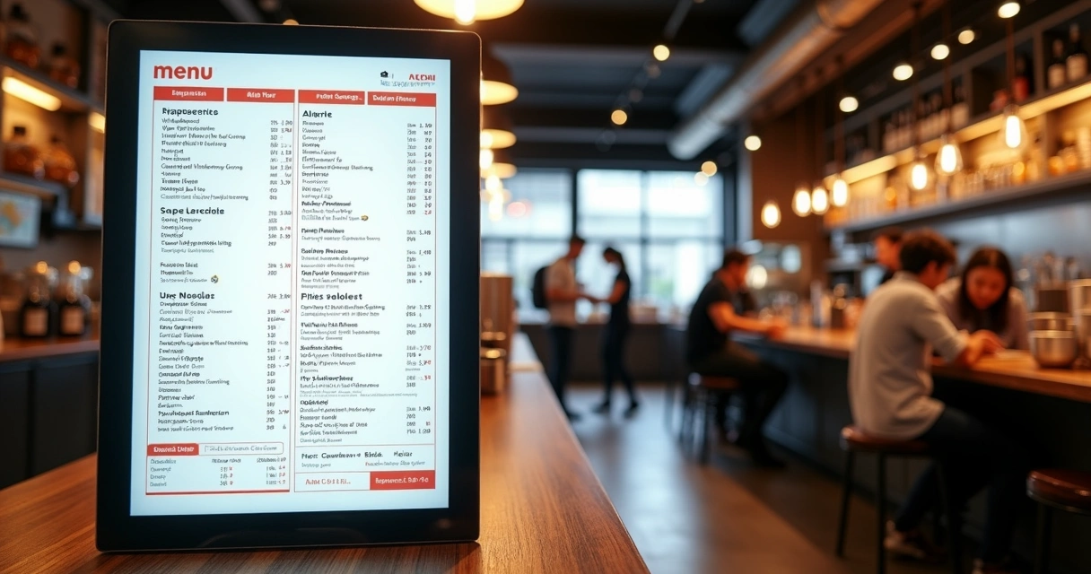 Cardápio digital exibindo preços e informações dos alimentos em uma tela de restaurante 