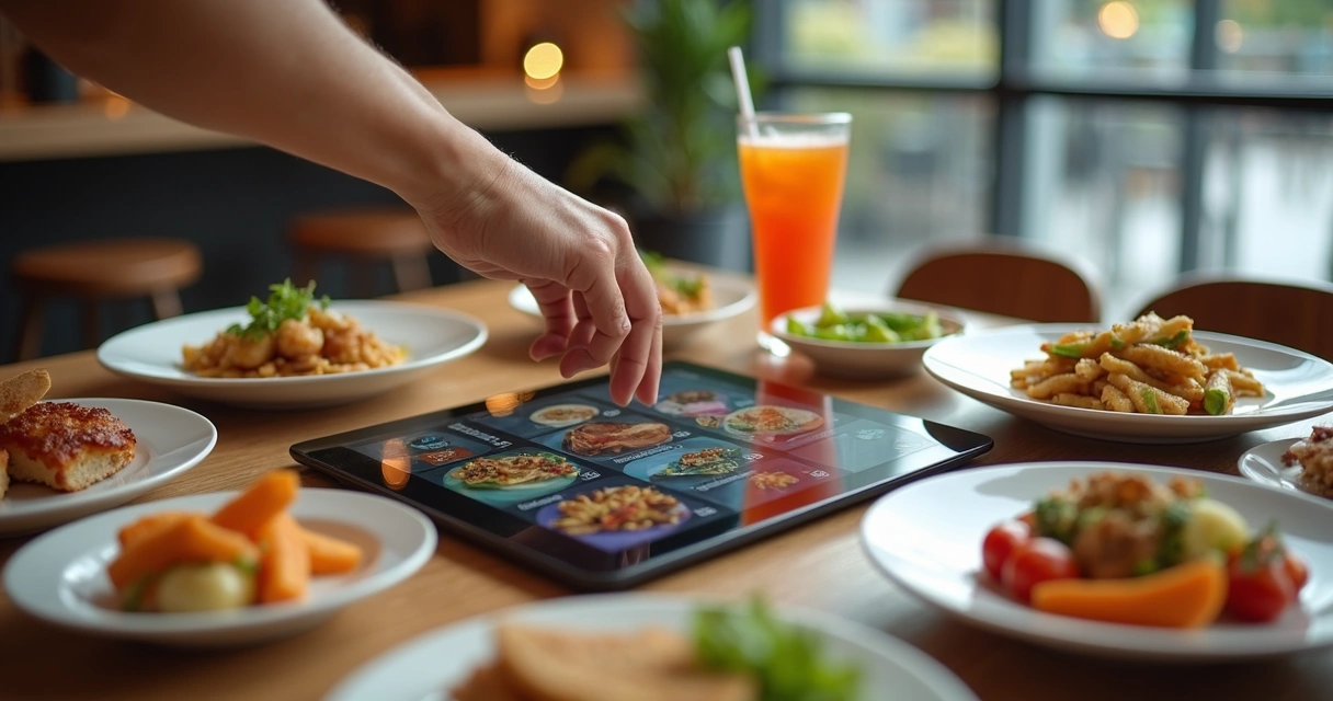 Cardápio digital em tablet sobre mesa de restaurante 