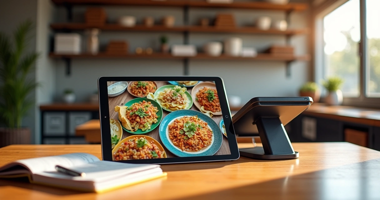 Catálogo digital de restaurante exibindo pratos e opções de pagamento no tablet 