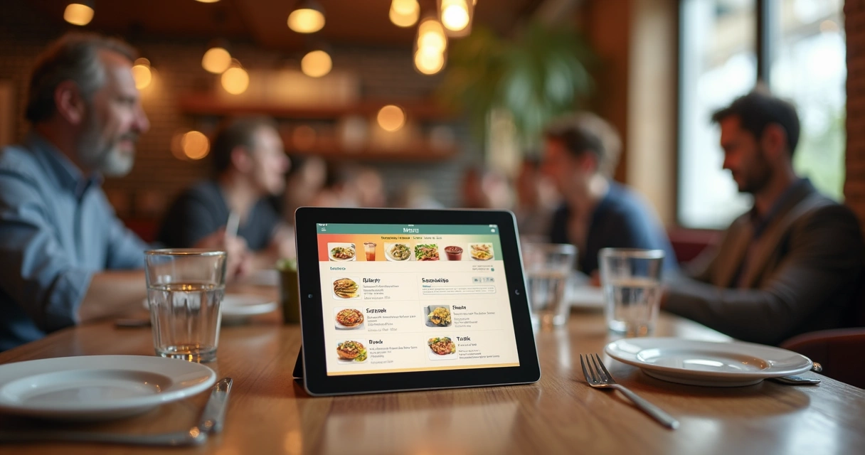 Cardápio digital exibido em um tablet em cima de uma mesa de restaurante, com fundo desfocado 