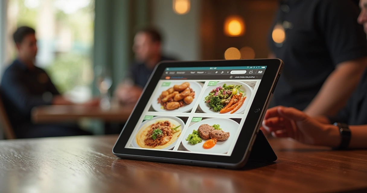 Tablet com cardápio digital e atendente em restaurante 