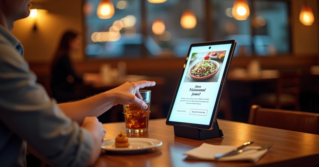 Cliente aponta para anúncio de marca em cardápio digital de restaurante usando tablet 