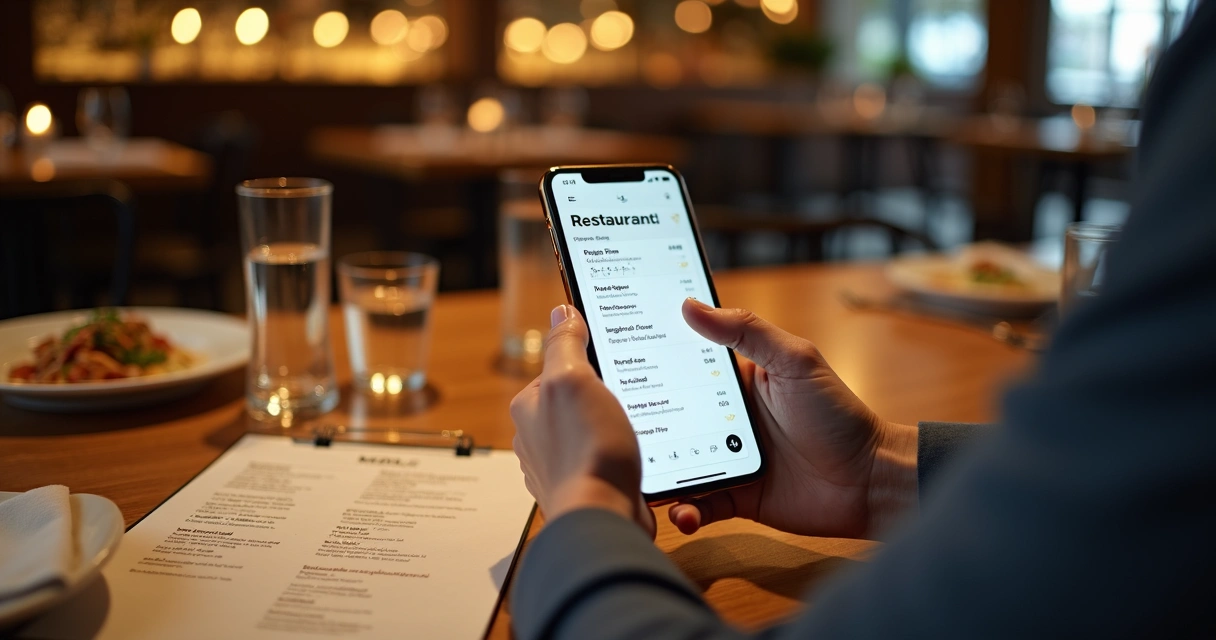 Cliente em restaurante olhando cardápio digital no celular sobre a mesa 