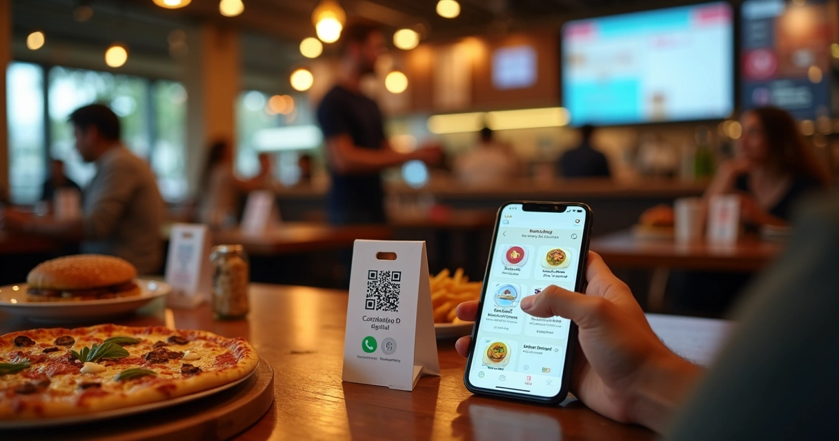 Cliente faz pedido em cardápio digital com QR Code na mesa de restaurante 