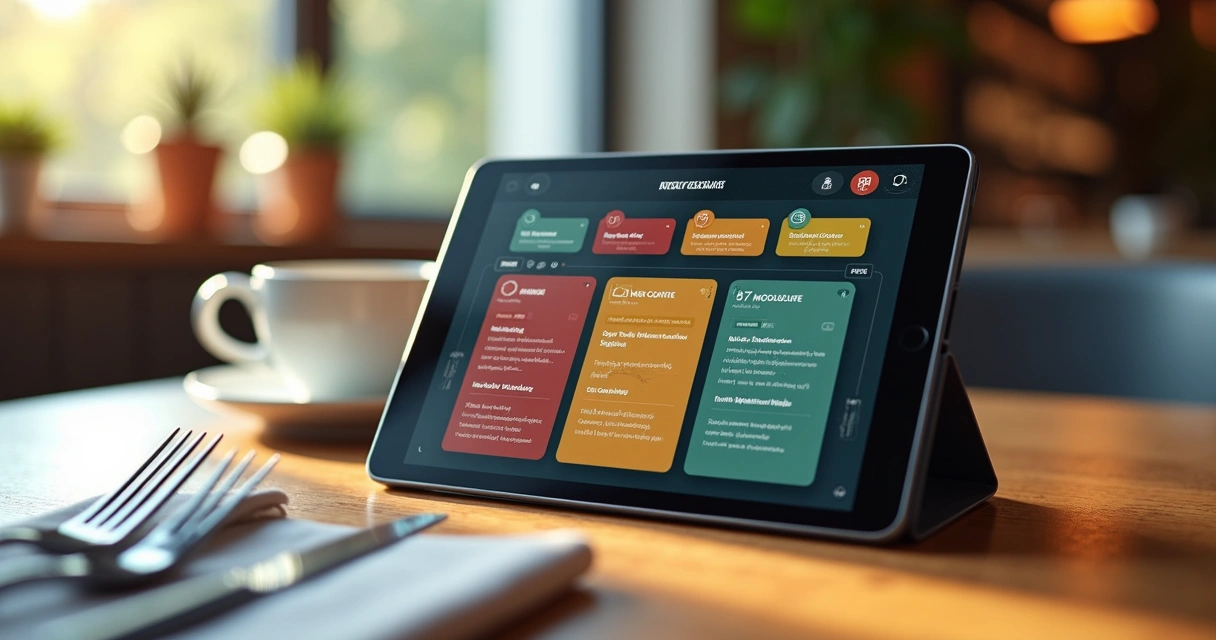 Tablet com cardápio digital de restaurante sobre mesa de madeira 