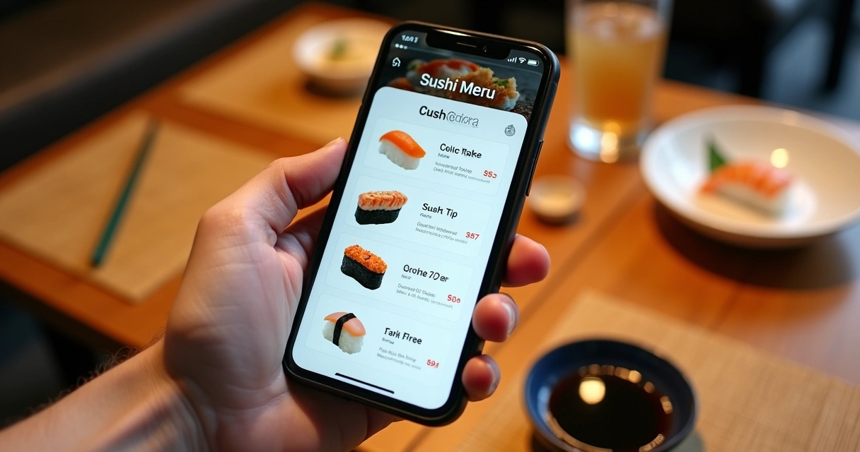 Pessoa usando smartphone para escolher pratos de sushi em cardápio digital