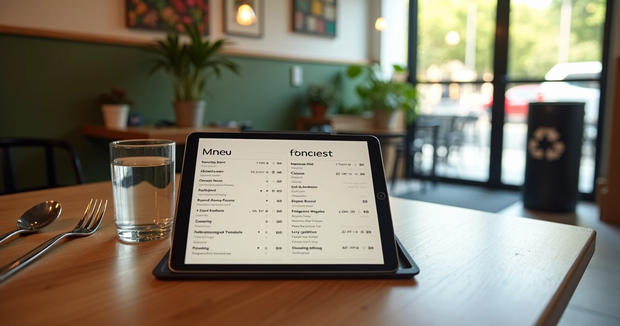 Cardápio digital em tablet sobre mesa de madeira em restaurante 