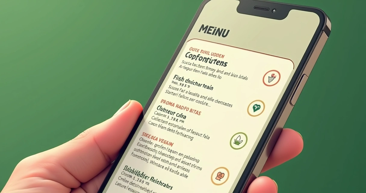 Tela de cardápio digital com pratos veganos e ícones de sustentabilidade